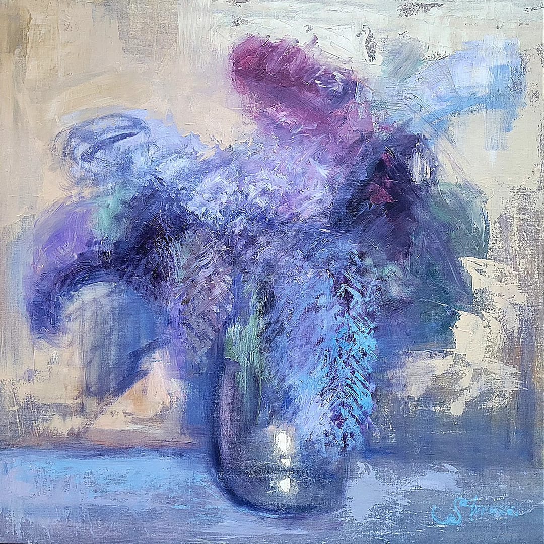 Oil on canvas painting featuring a vase with flowers in nuances of blue and violet