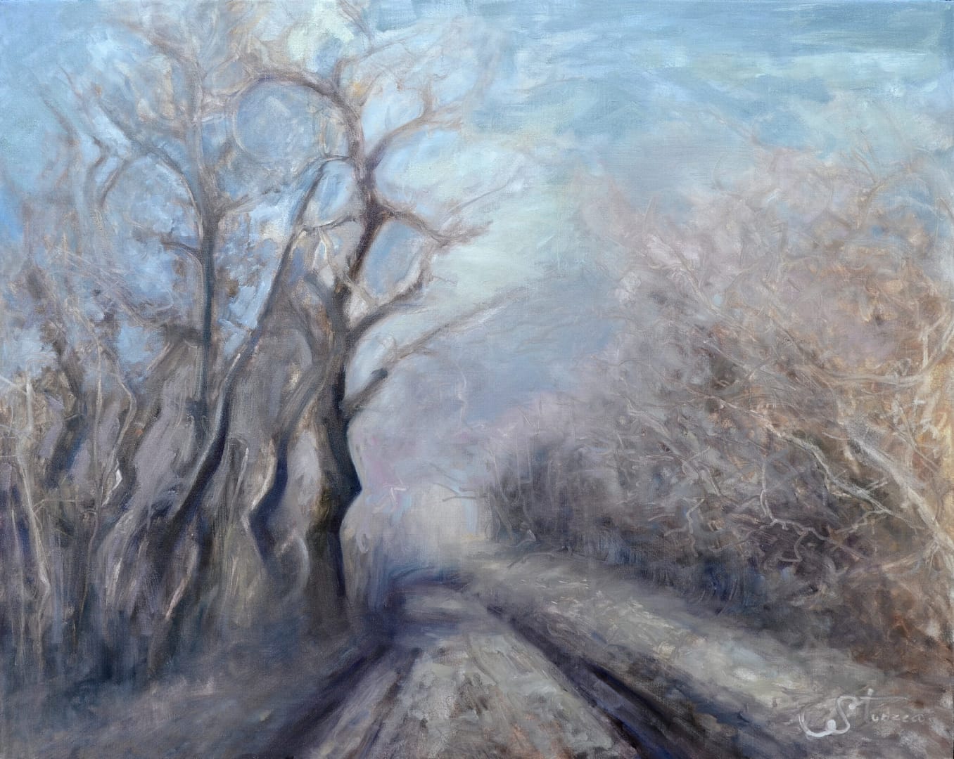 Oil on canvas painting featuring a path in the forest