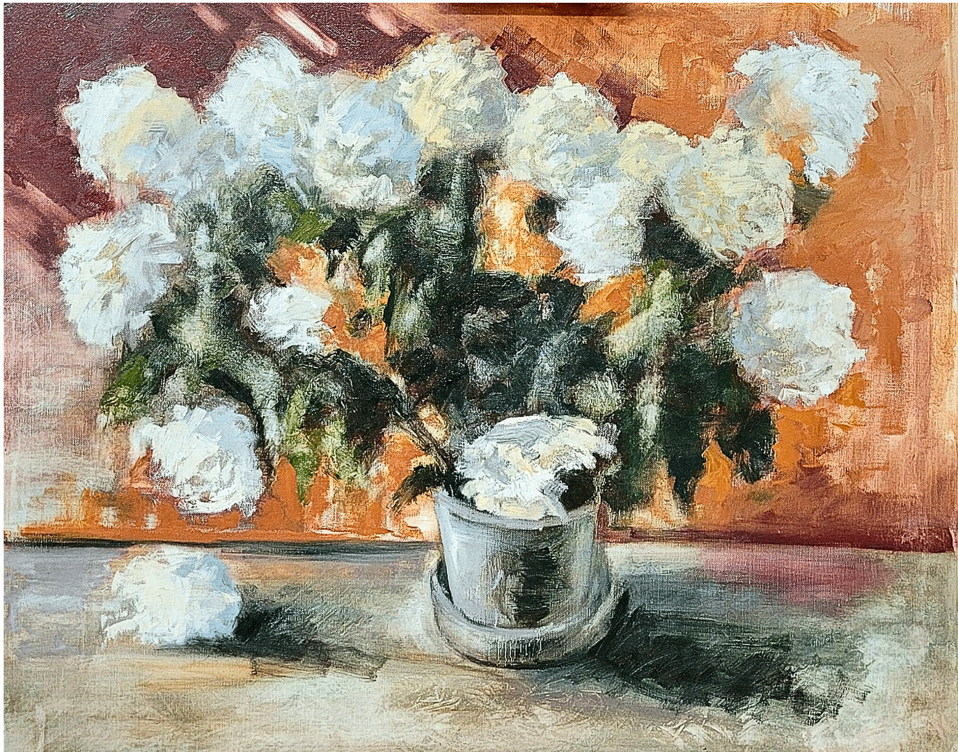 Oil on canvas painting featuring white flowers in a vase