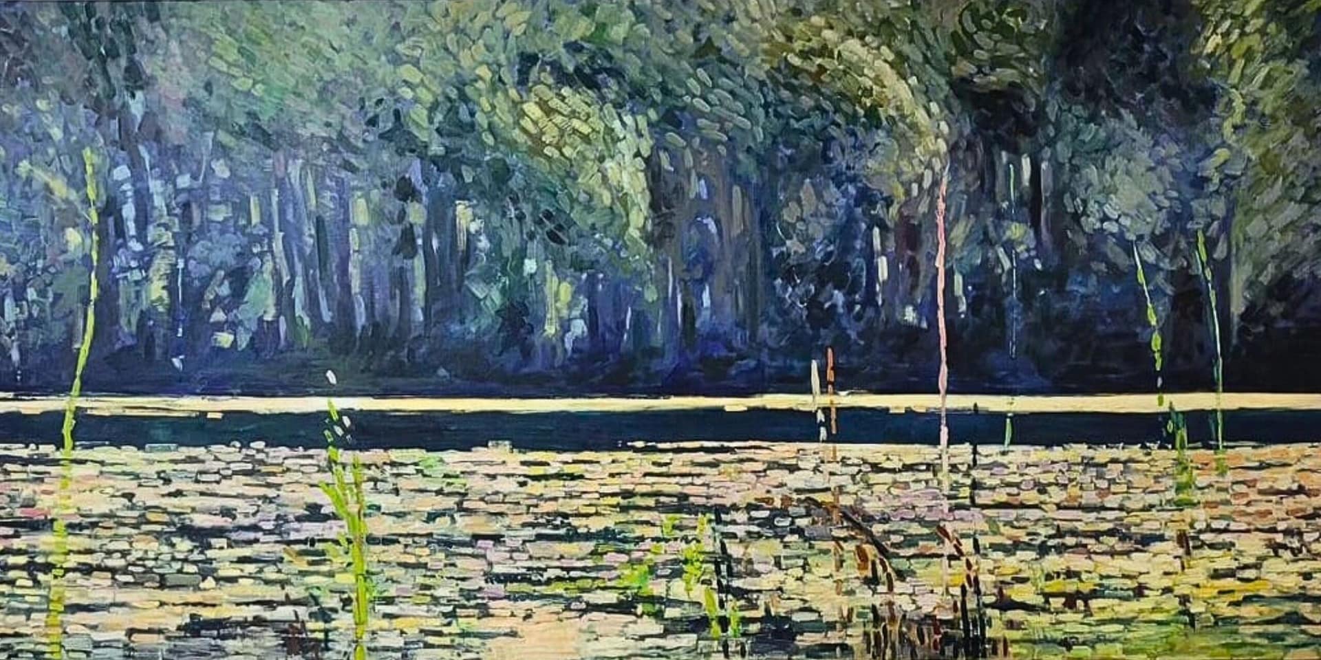 Oil on canvas depicting a lake near a forrest