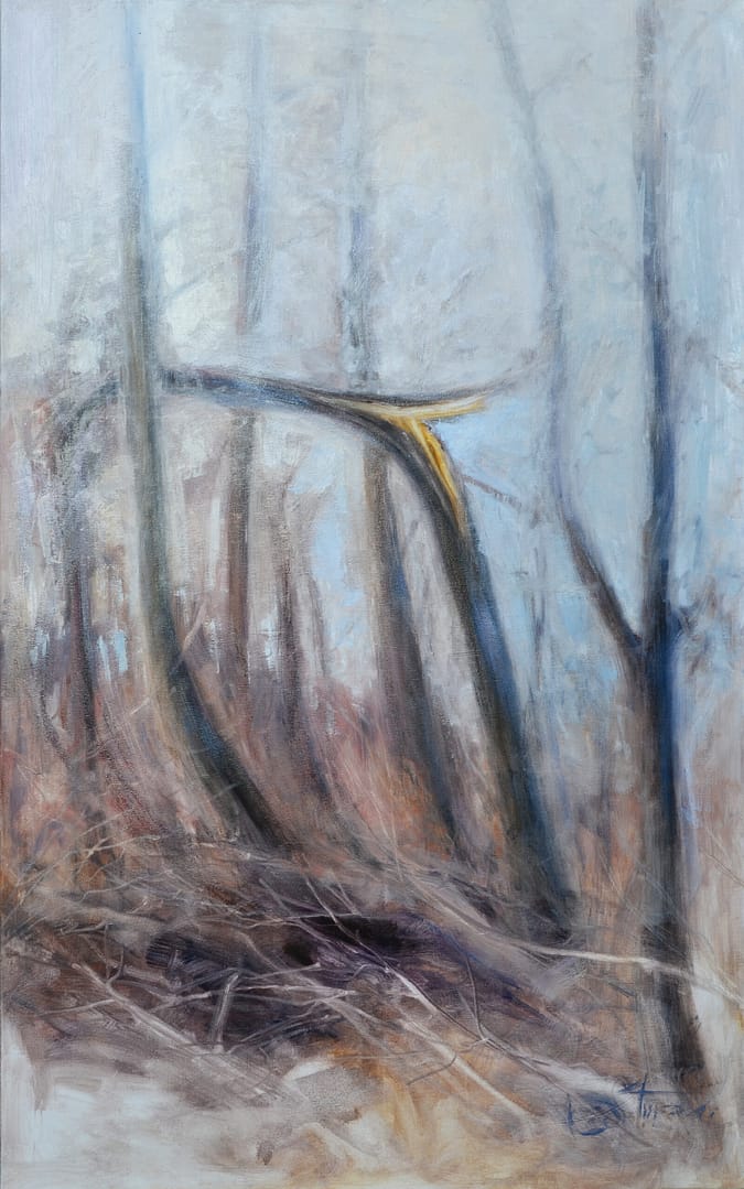 Oil on canvas painting featuring a broken tree