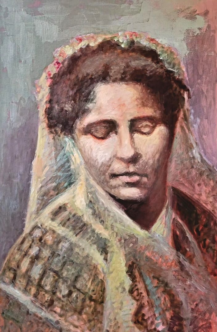 Oil on canvas painting featuring a woman with her eyes closed