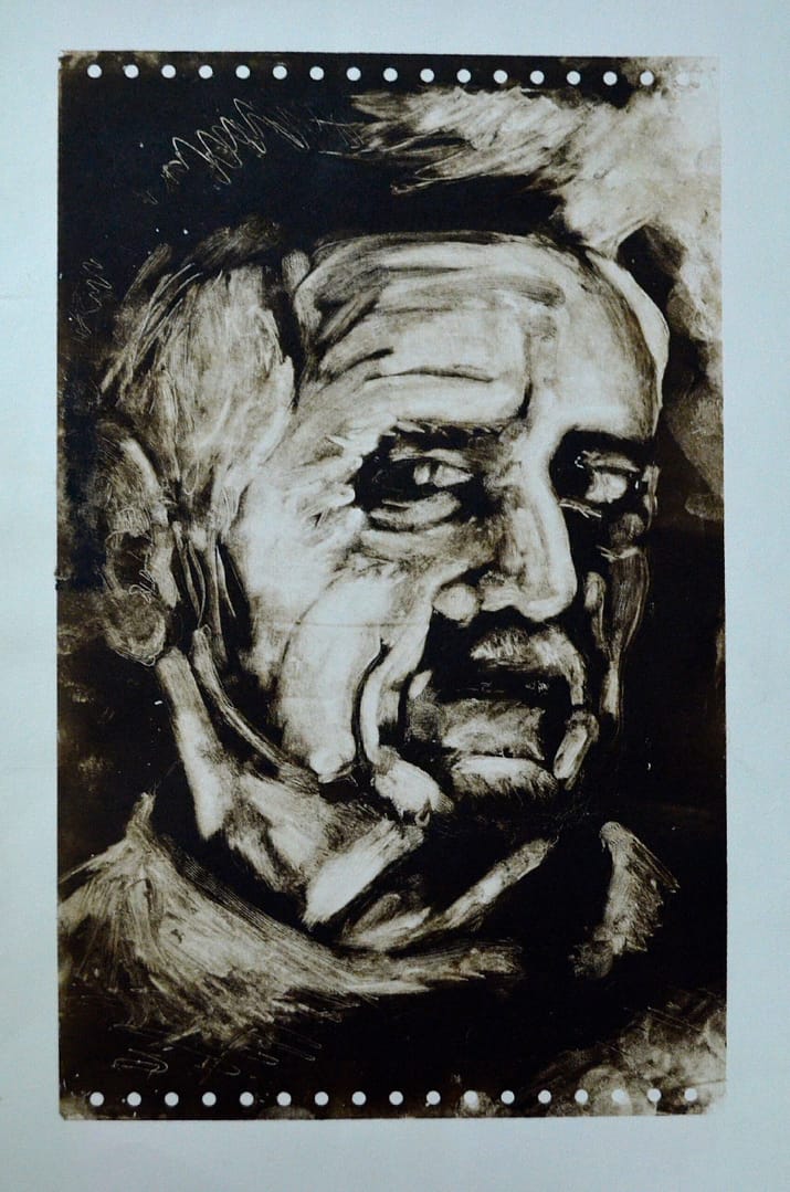 Graphic illustration featuring a man in black and white