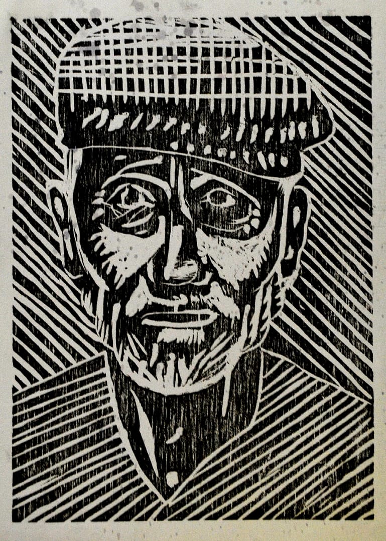 Graphic illustration in black and white featuring an old man
