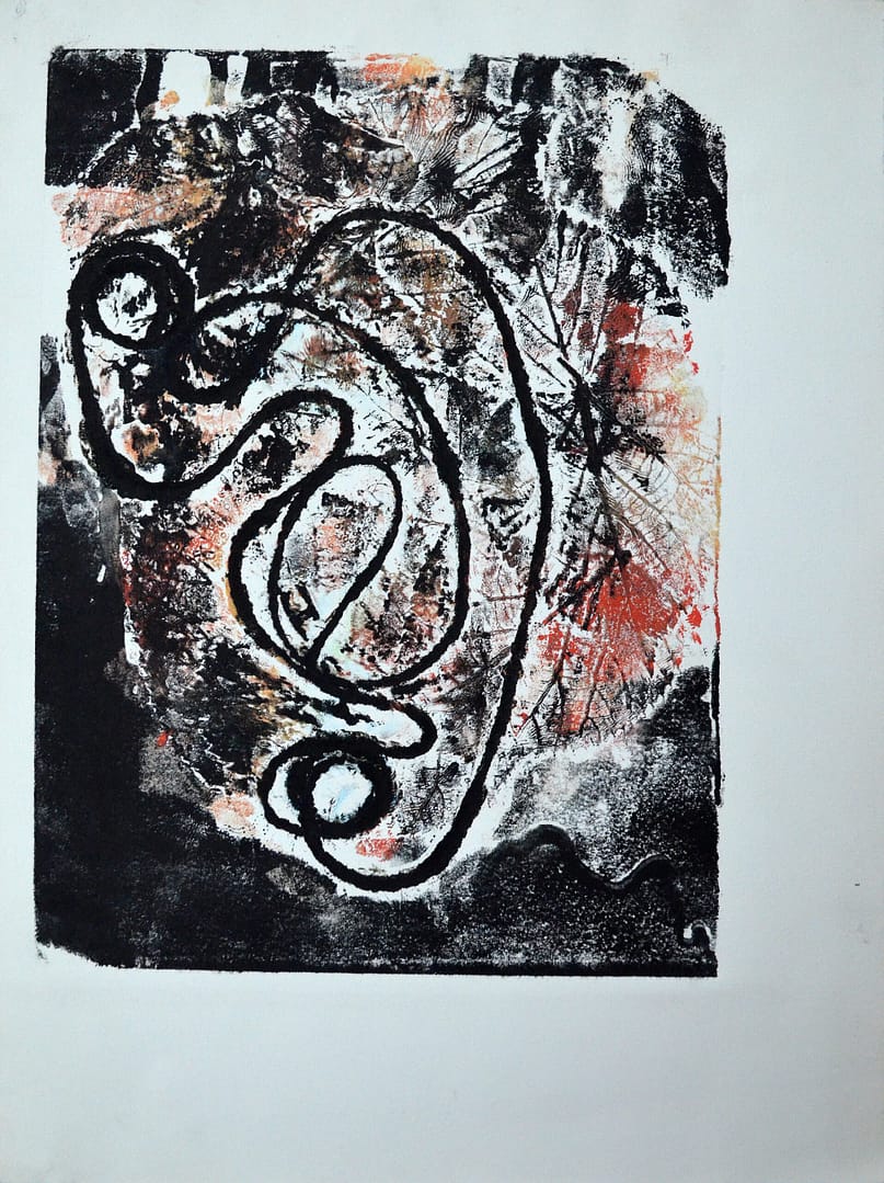 Graphic illustration deipcting an abstrat picture in black, white and red