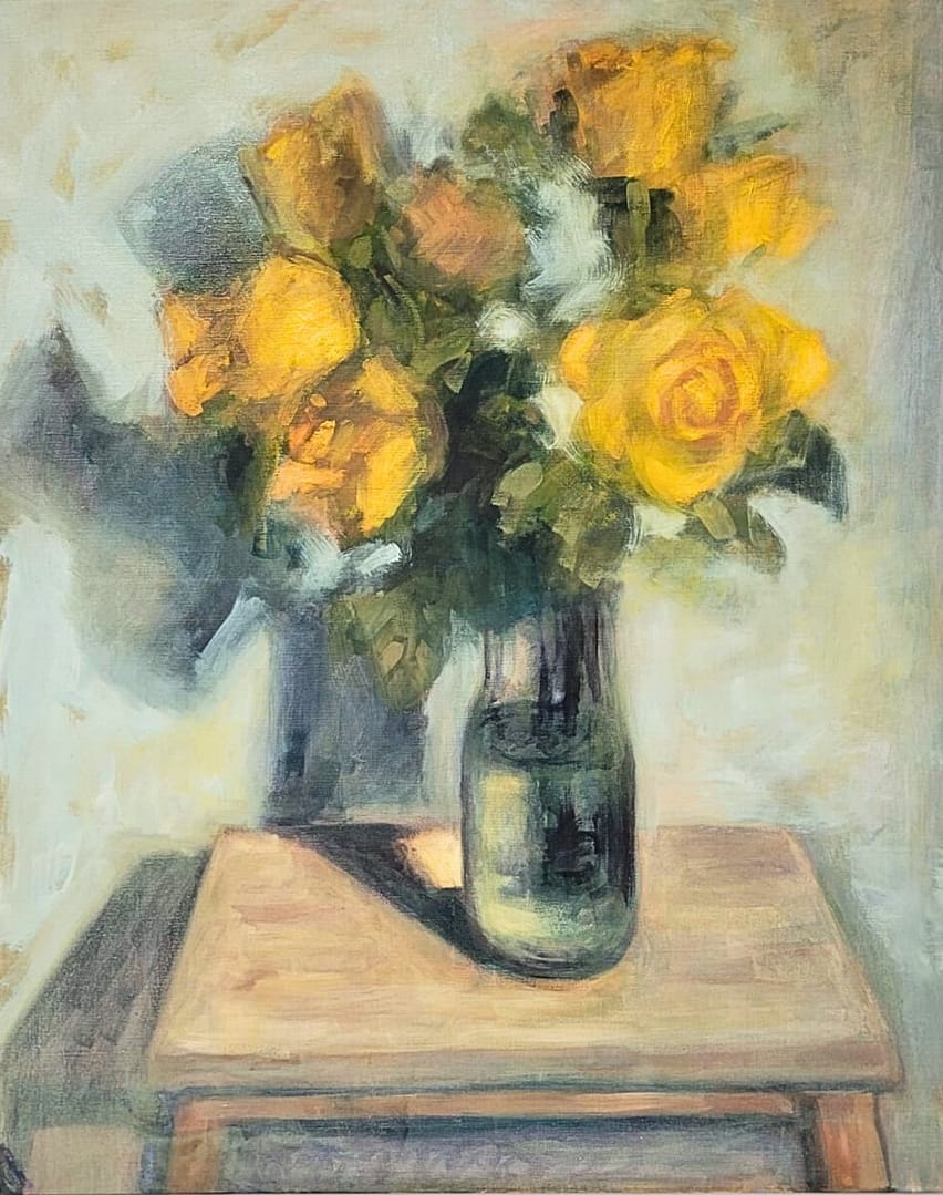 Oil painting depicting a vase of yellow flowers