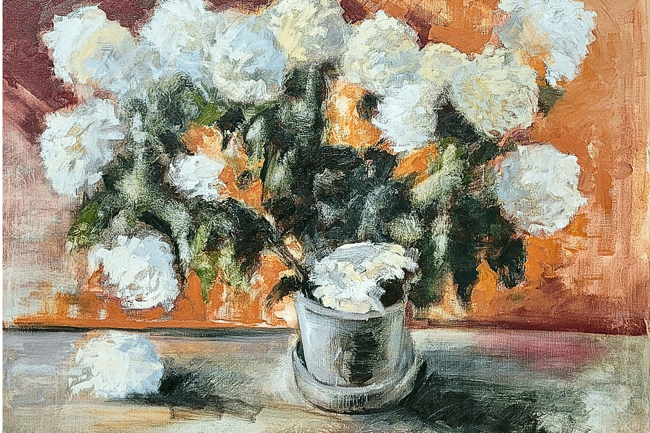 Oil on canvas painting featuring white flowers in a vase
