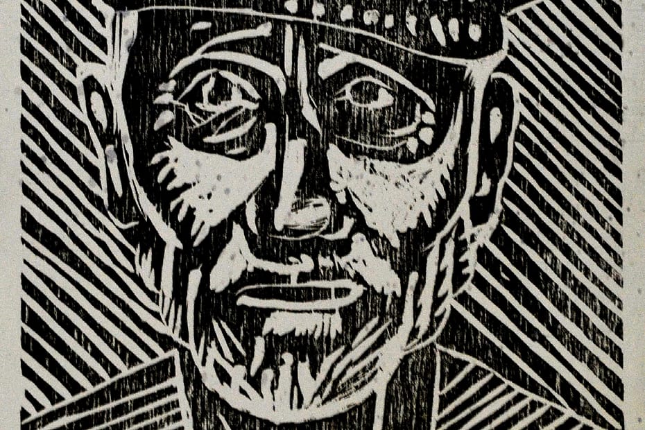 Graphic illustration in black and white featuring an old man