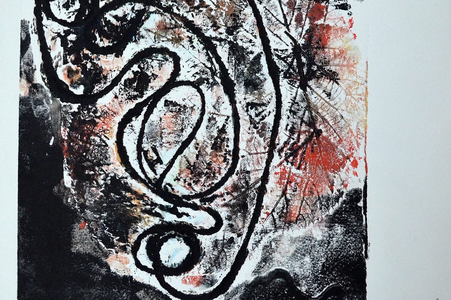 Graphic illustration deipcting an abstrat picture in black, white and red