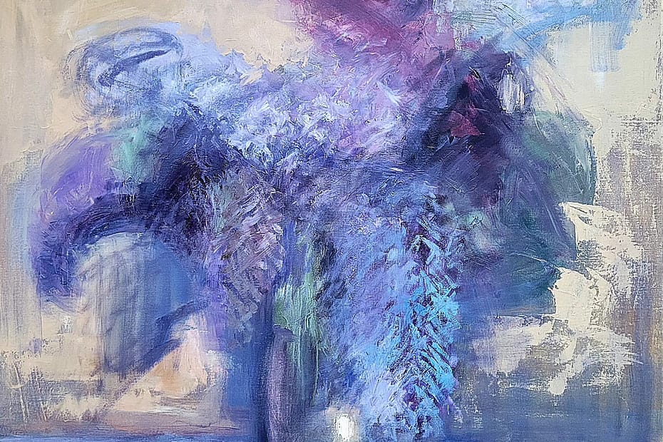 Oil on canvas painting featuring a vase with flowers in nuances of blue and violet