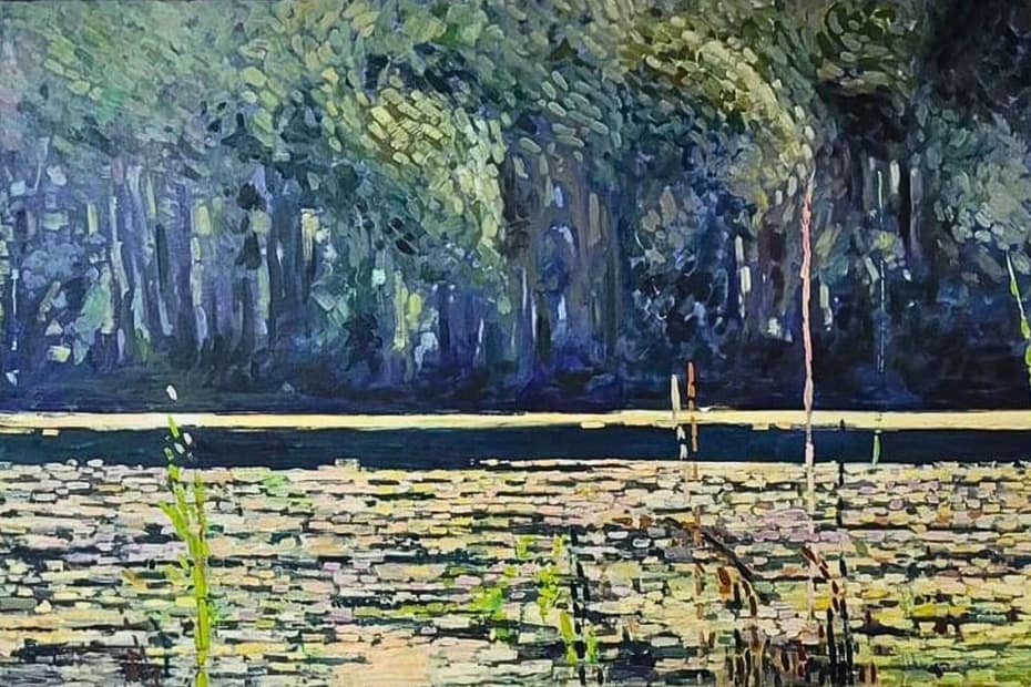 Oil on canvas depicting a lake near a forrest