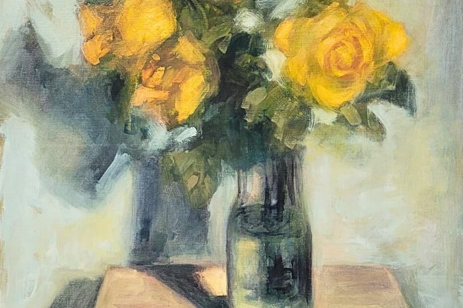 Oil painting depicting a vase of yellow flowers